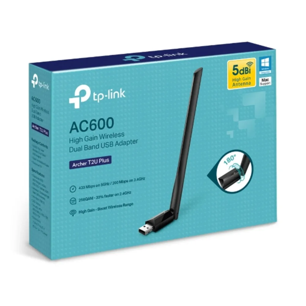 Adaptador USB Wi-Fi de Doble Banda TP-Link Archer T2U Plus AC600 con Antena 5dBi