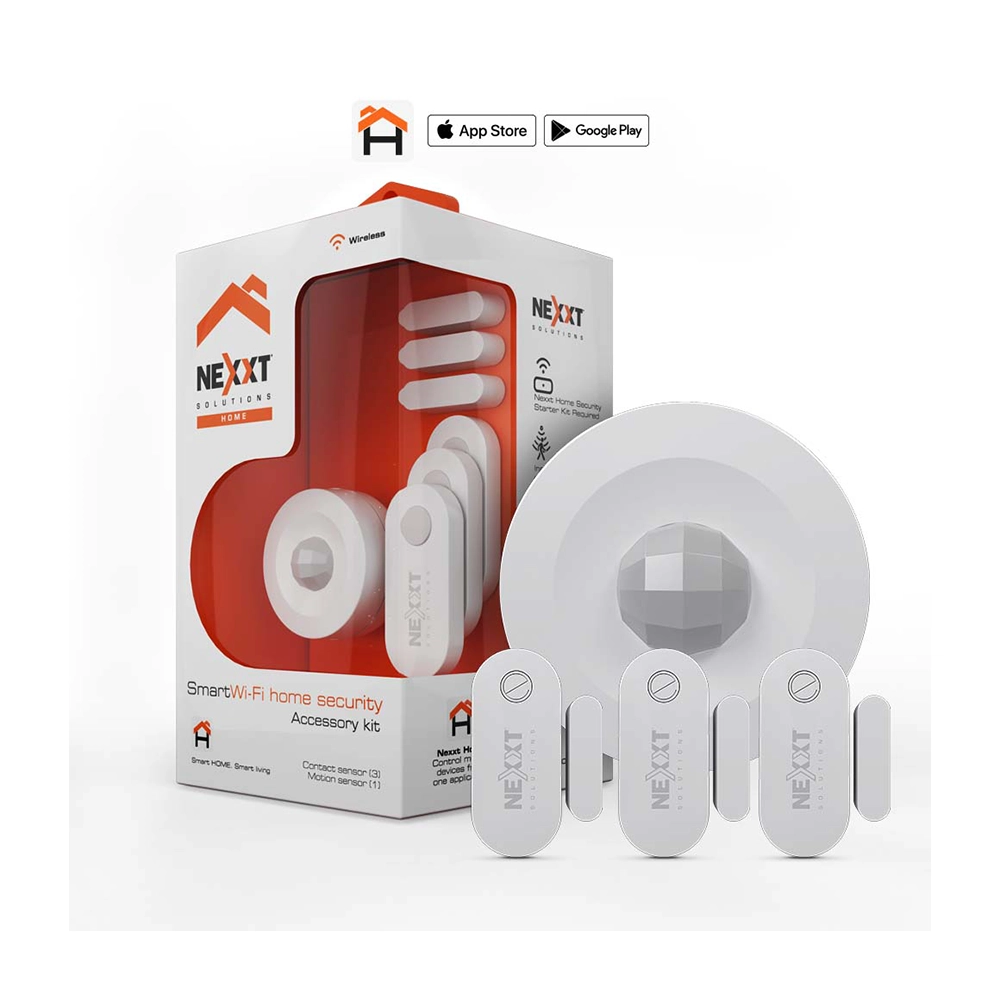 Kit de Accesorios Inteligentes Nexxt Home Wi-Fi · Sensor de Movimiento + 3 Sensores de Contacto