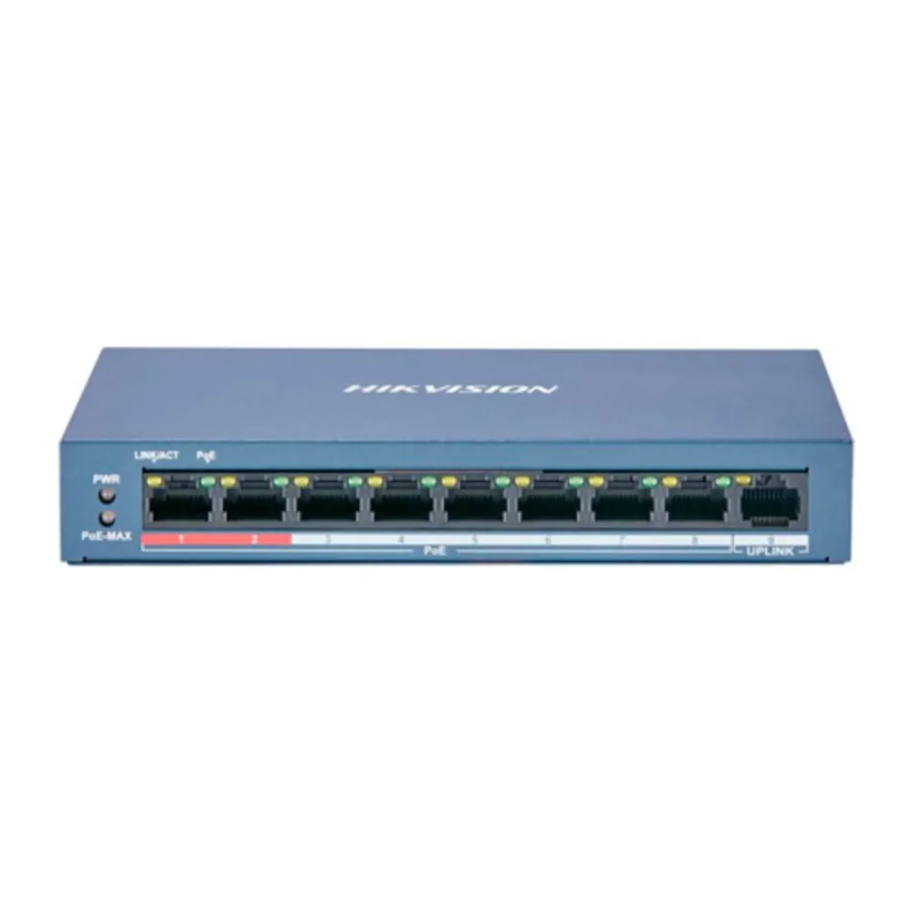 Switch PoE No Administrable Hikvision DS-3E0109P-E/M(B) – 8 Puertos Fast Ethernet, Largo Alcance, 60W