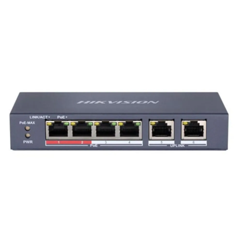 Switch PoE No Administrado DS-3E0106P-E/M Hikvision – 4 Puertos PoE + 2 RJ45 Fast Ethernet