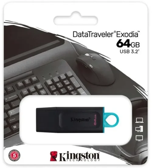 Unidad Flash USB 64GB Kingston DataTraveler Exodia – USB 3.2, Capuchón y Llavero