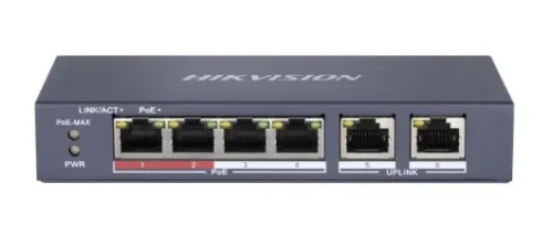 Switch PoE No Administrado DS-3E0106P-E/M Hikvision – 4 Puertos PoE + 2 RJ45 Fast Ethernet