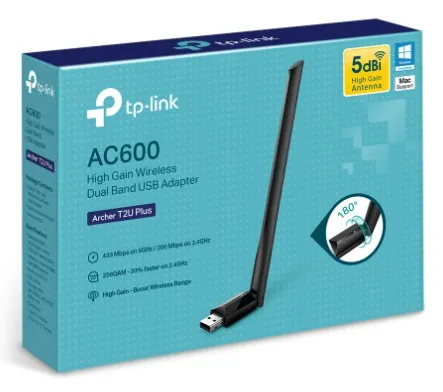 Adaptador USB Wi-Fi de Doble Banda TP-Link Archer T2U Plus AC600 con Antena 5dBi
